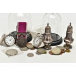 TWO SILVER OPEN FACE POCKET WATCHES WITH STANDS, SILVER PEPPERETTES AND OTHER ITEMS, to include