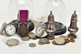 TWO SILVER OPEN FACE POCKET WATCHES WITH STANDS, SILVER PEPPERETTES AND OTHER ITEMS, to include