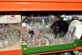 FIVE BOXES OF GLASSWARE AND CERAMICS, to include two Denby Bakewell storage jars, an Edwardian