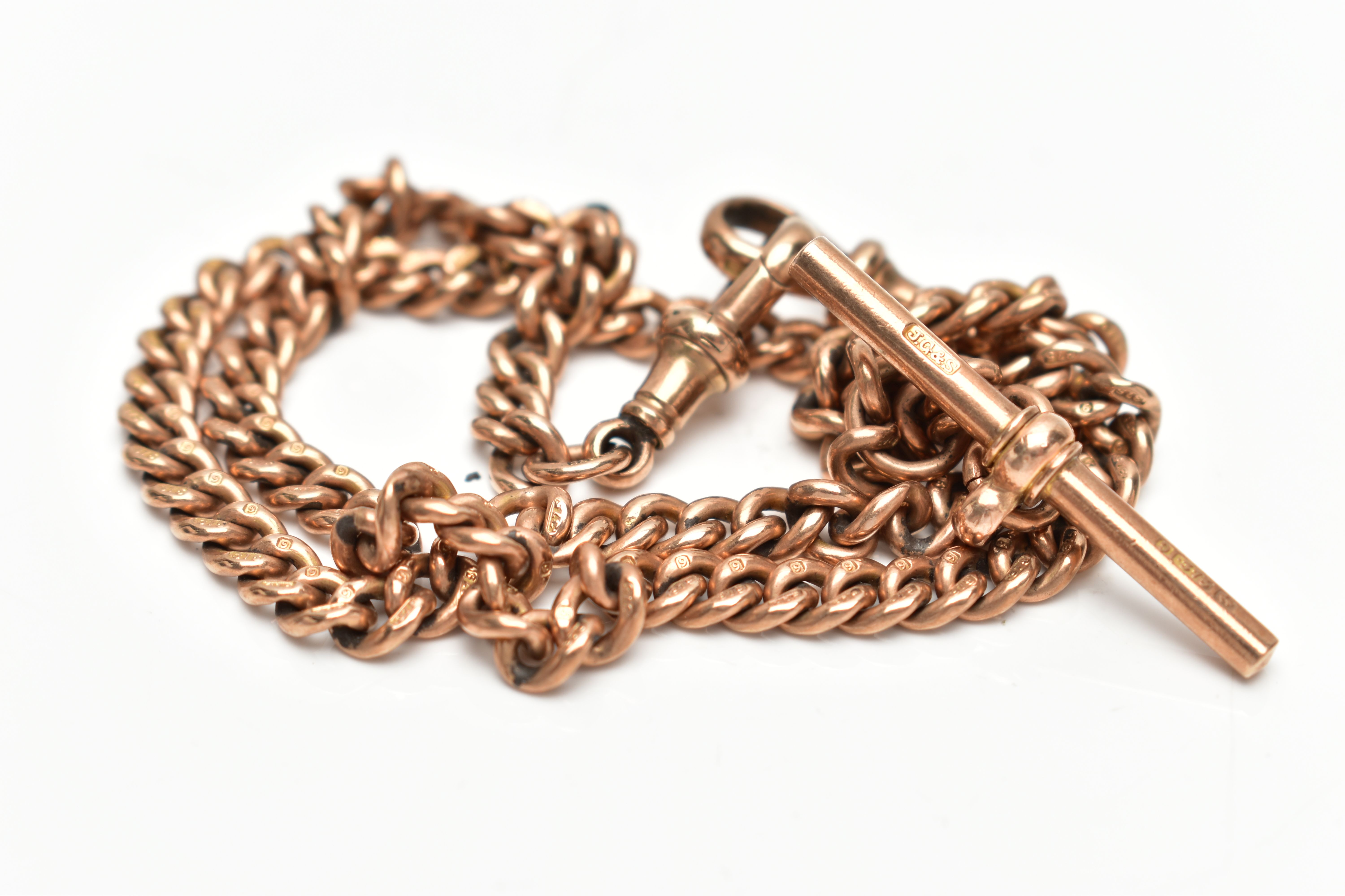 A 9CT GOLD ALBERT CHAIN, a curb link chain, fitted with a T-bar and two lobster clasps,
