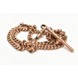 A 9CT GOLD ALBERT CHAIN, a curb link chain, fitted with a T-bar and two lobster clasps,