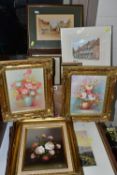 A SMALL COLLECTION OF PAINTINGS AND PRINTS, to include five still life flower study oils on