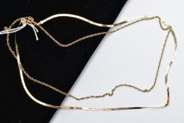 TWO 9CT GOLD CHAIN NECKLACES, the first a yellow gold herring bone V-shape necklace, fitted with a