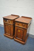 A PAIR OF VICTORIAN FLAME MAHOGANY BEDSIDE CABINETS, with a single drawers, width 41cm x depth