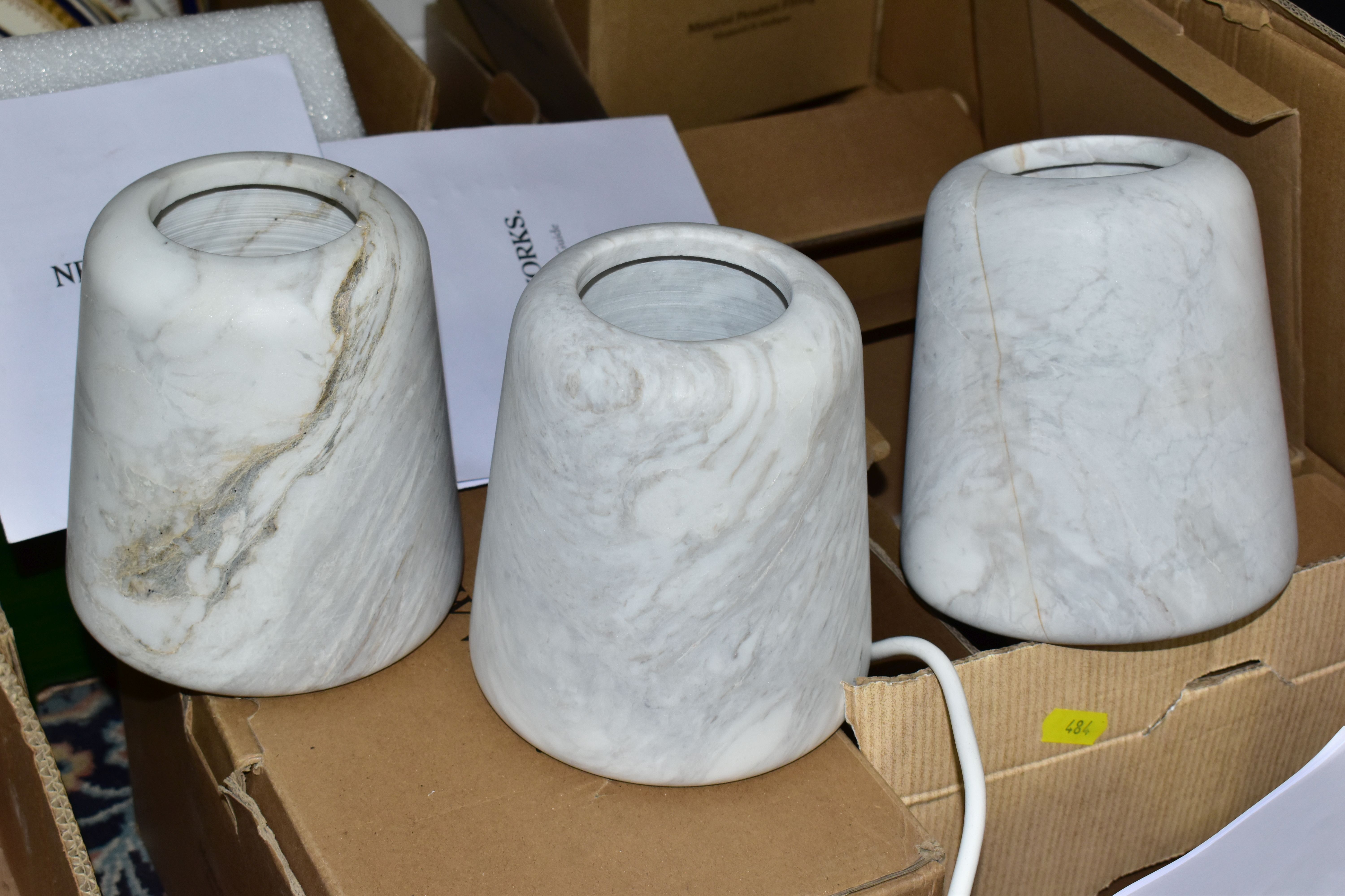 THREE NEW WORKS NORGAARD & KECHAYAS CEILING LIGHTS, the shades are made of light grey marble with - Image 4 of 7