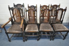 A SET OF EIGHT 20TH CENTURY OAK DINING CHAIRS, with carved top, flanked by finials and barley