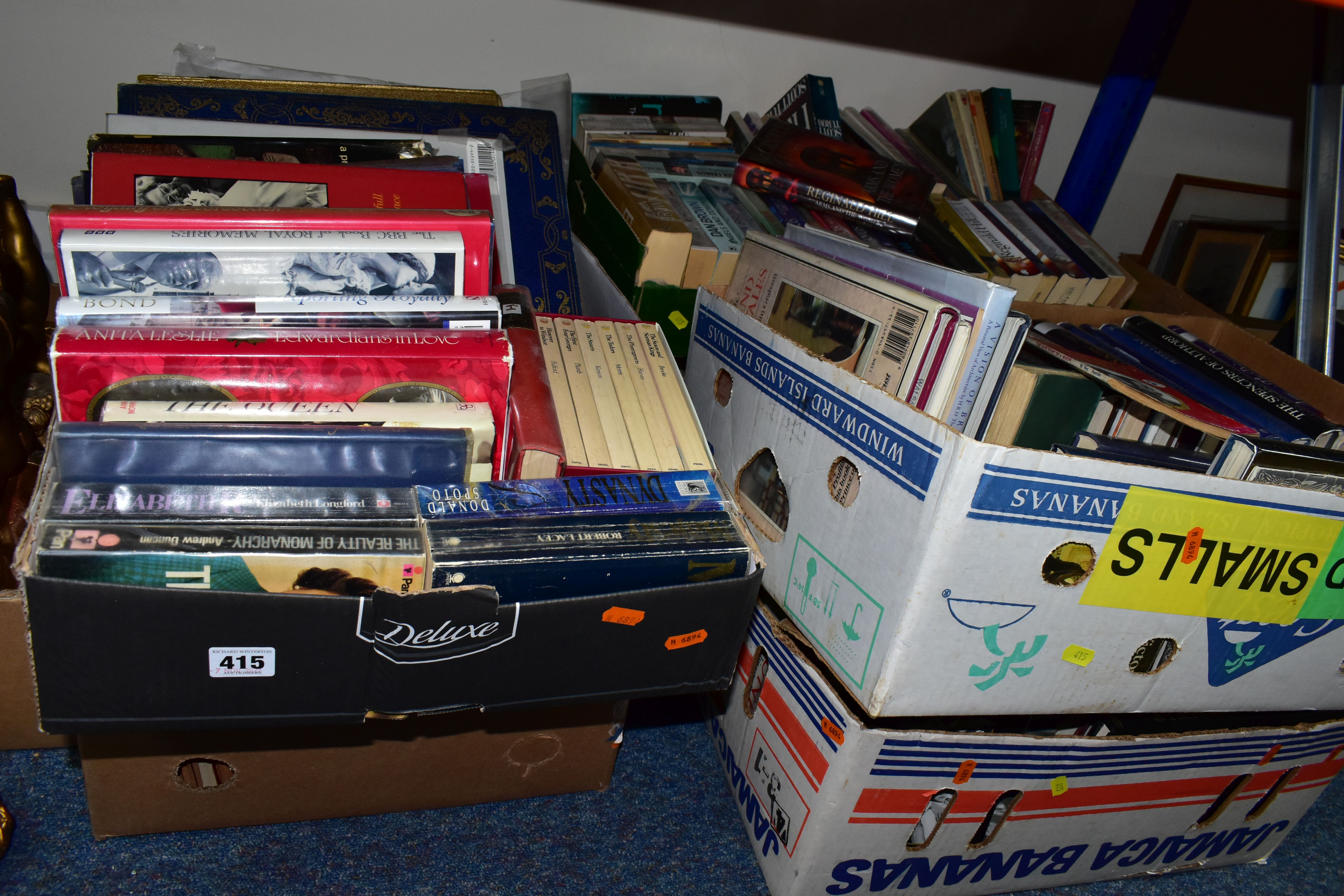 SIX BOXES OF BOOKS, approximately one hundred and thirty to one hundred and forty titles to