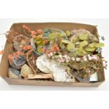 A BOX OF MINERAL SPECIEMENS, to include four semi-precious gemstone set tree ornaments fitted with