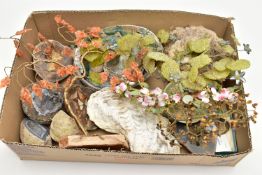 A BOX OF MINERAL SPECIEMENS, to include four semi-precious gemstone set tree ornaments fitted with