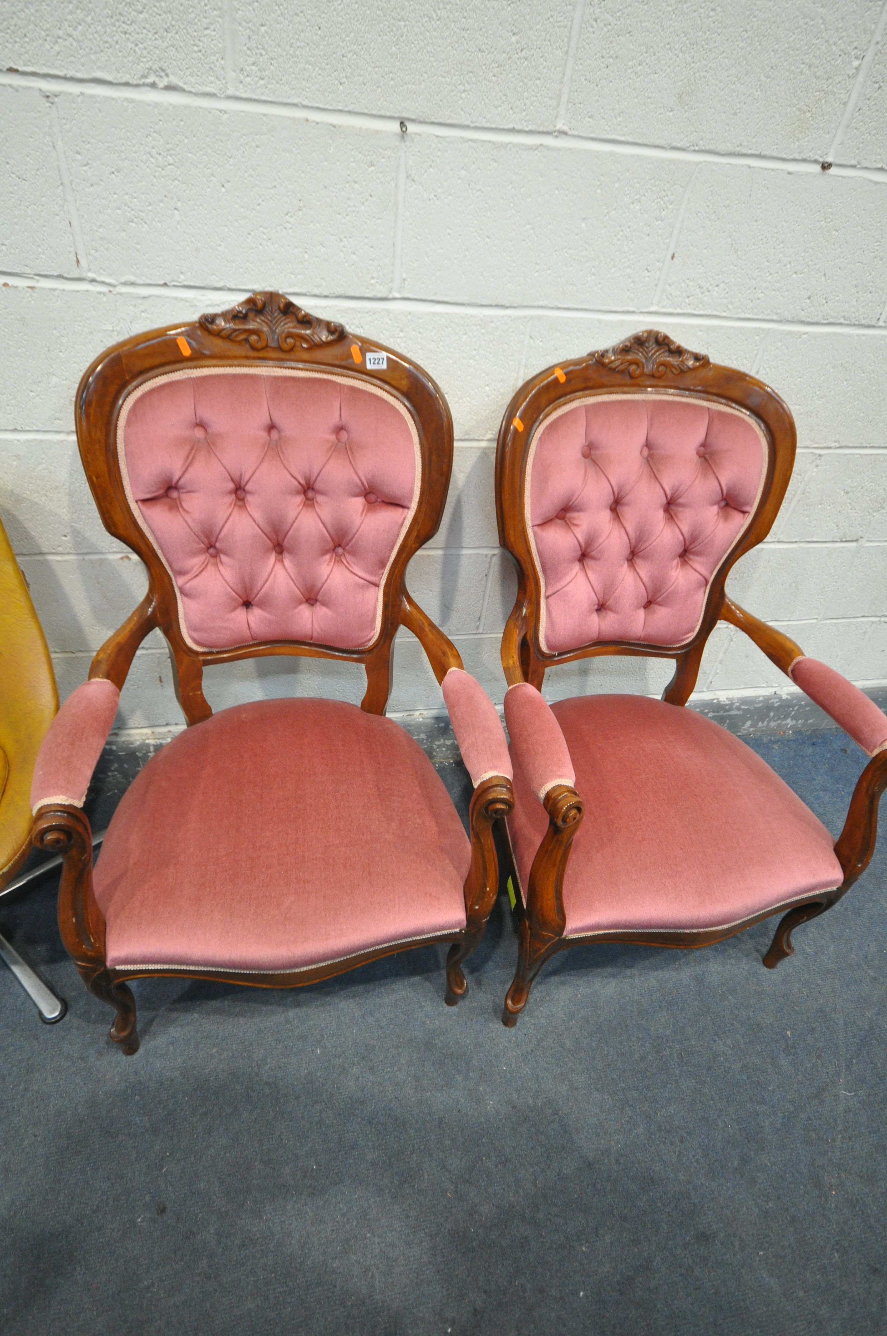 A PAIR OF ITALIAN STYLE MAHOGANY ARMCHAIRS, with open armrests, and pink upholstery, along with a - Image 2 of 4