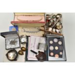 A BOX OF ASSORTED ITEMS, to include a 'Philip Mercier' cased pocket watch, a Prince Wales & Lady