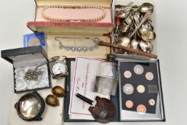 A BOX OF ASSORTED ITEMS, to include a 'Philip Mercier' cased pocket watch, a Prince Wales & Lady