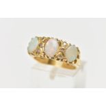 AN OPAL AND DIAMOND RING, set with three oval opal cabochons, interspaced by six single cut