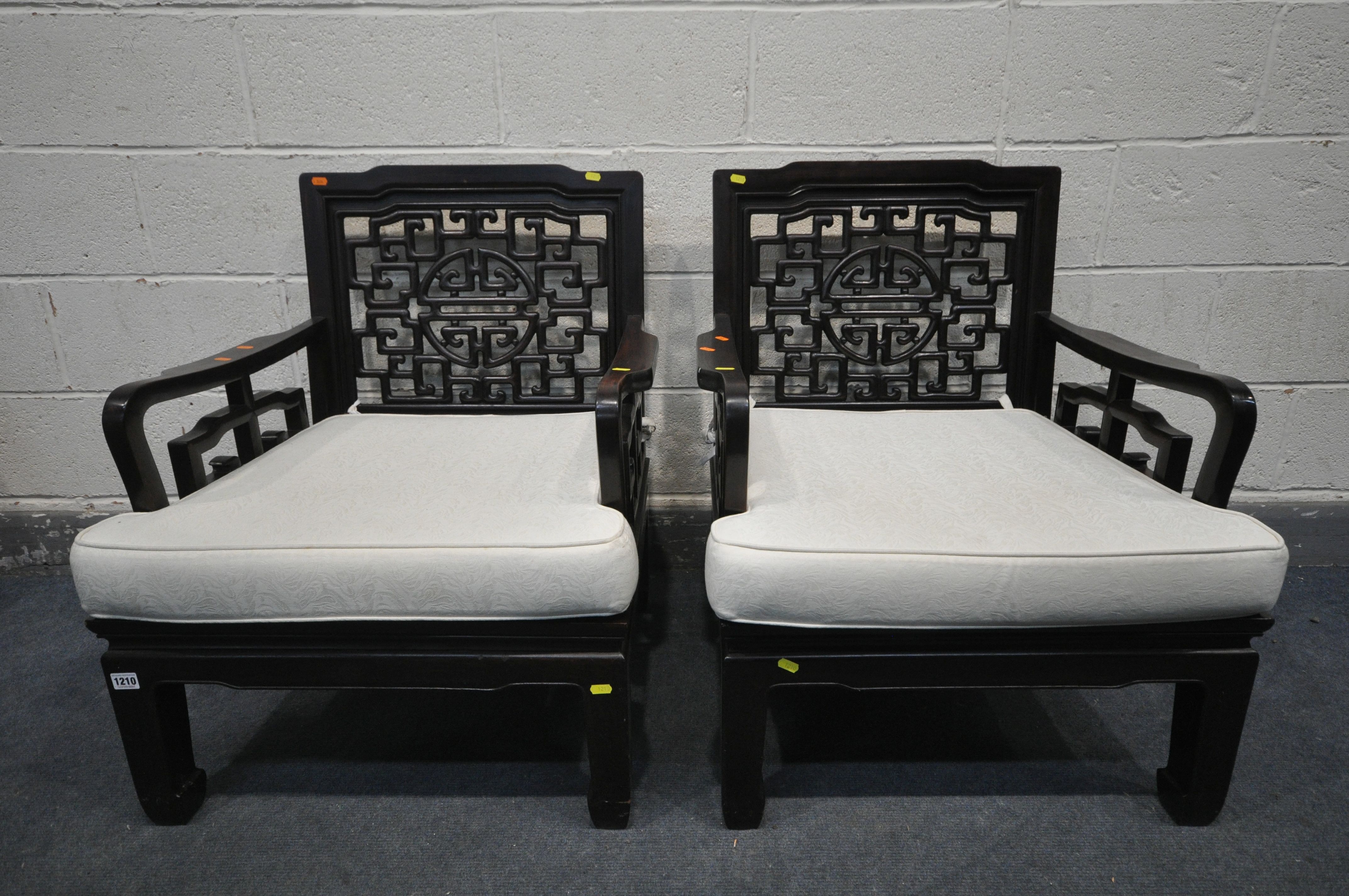 A PAIR OF ORIENTAL HARDWOOD ARMCHAIRS, with a cushion, width 67cm x depth 69cm x 82cm (2) - Image 3 of 3