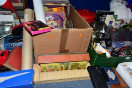 FIVE BOXES OF ASSORTED HOUSEHOLD SUNDRIES, to include a Hornby No.3 tin Train Station, cutlery, a