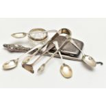 A SELECTION OF SILVER ITEMS, to include an AF silver cigarette case, badly damaged and dented,