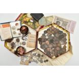 TWO BISCUIT TINS CONTAINING SOME EARLY COPPER COINS, DIOCLETIAN ROMAN COINS, A SMALL PARCEL OF