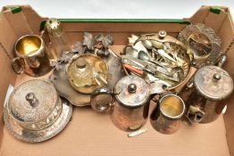 A BOX OF ASSORTED SILVER AND WHITE METAL, to include a silver rimed glass bottle, hallmarked '