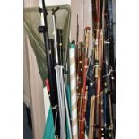 A LARGE QUANTITY OF VINTAGE FISHING RODS AND EQUIPMENT, comprising a 'The East Lancashire