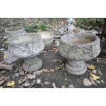 A PAIR OF COMPOSITE GARDEN URNS with scrolled detail to side height 45cm along with two other