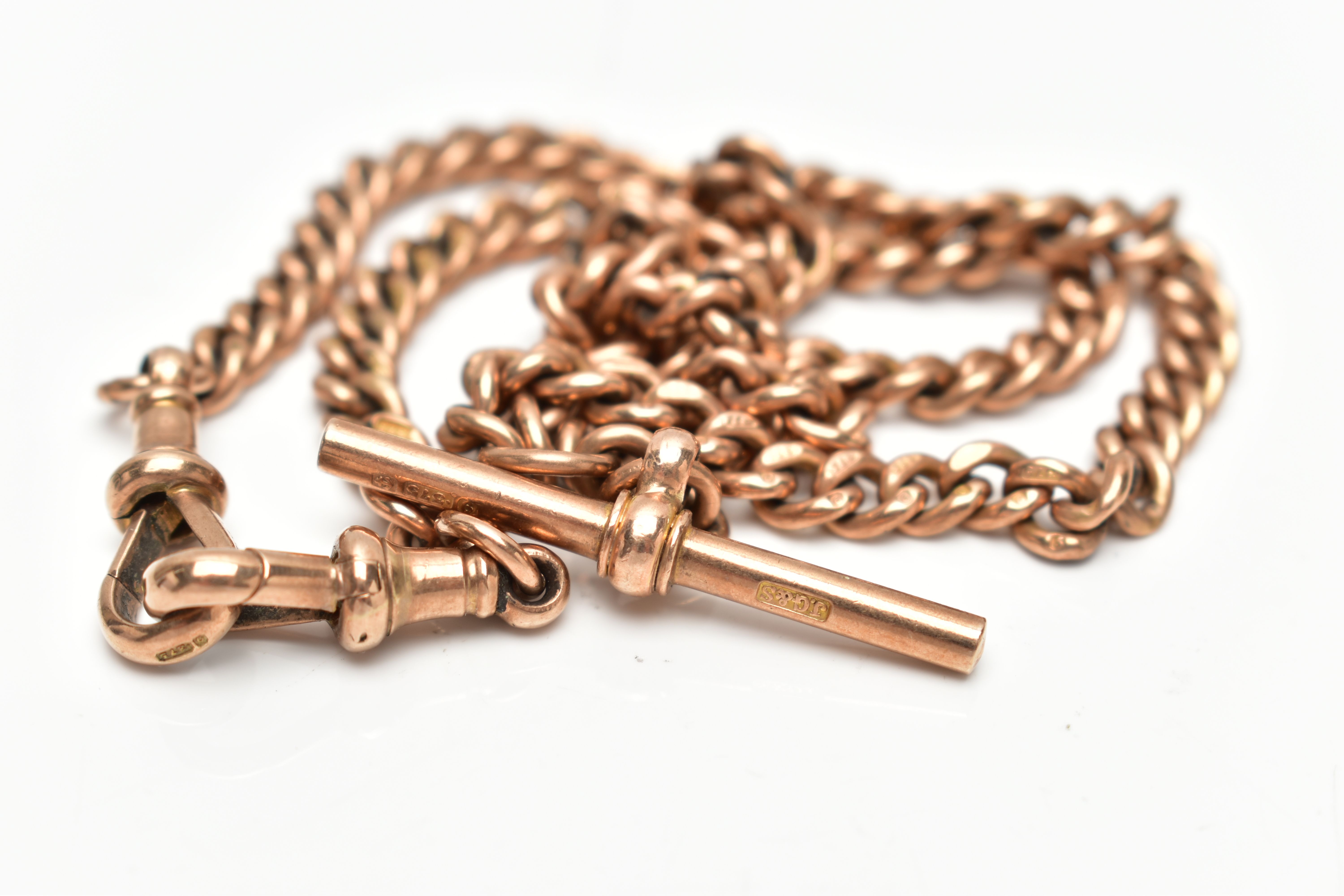 A 9CT GOLD ALBERT CHAIN, a curb link chain, fitted with a T-bar and two lobster clasps, - Image 2 of 2