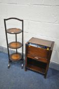 AN OAK FOLDING THREE TIER CAKE STAND, and an oak sewing box, with contents (2)