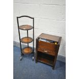 AN OAK FOLDING THREE TIER CAKE STAND, and an oak sewing box, with contents (2)