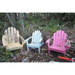 THREE ADIRONDACK STYLE GARDEN CHAIRS painted in different colors (condition weathered but sturdy)