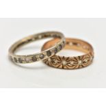 TWO 9CT GOLD RINGS, the first a floral patterned band ring, flush set with circular cut spinel