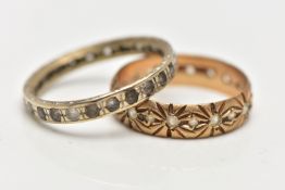 TWO 9CT GOLD RINGS, the first a floral patterned band ring, flush set with circular cut spinel