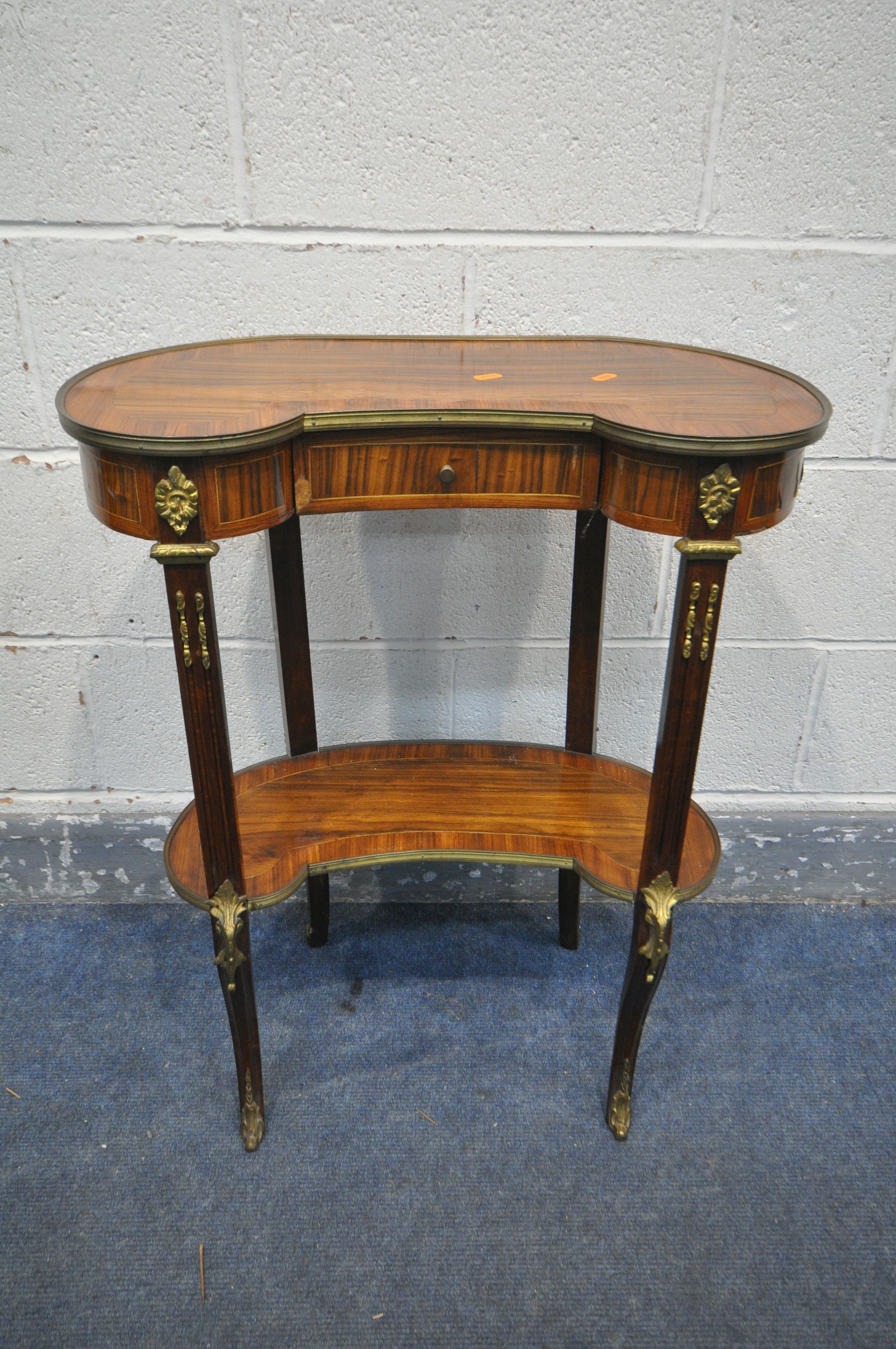 A 20TH CENTURY FRENCH WALNUT AND KINGWOOD KIDNEY SIDE TABLE, with a brass border and mounts, - Image 2 of 3