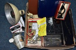 A BOX OF ELECTRICAL AND MISCELLANEOUS ITEMS, to include a vintage Pifco Infra-Red and Radiant Heat