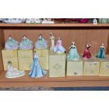 TEN COALPORT FIGURINES, of which eight Debutantes are boxed: Cinderella's Ball Debutante of the Year