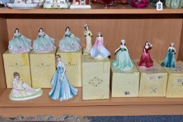 TEN COALPORT FIGURINES, of which eight Debutantes are boxed: Cinderella's Ball Debutante of the Year