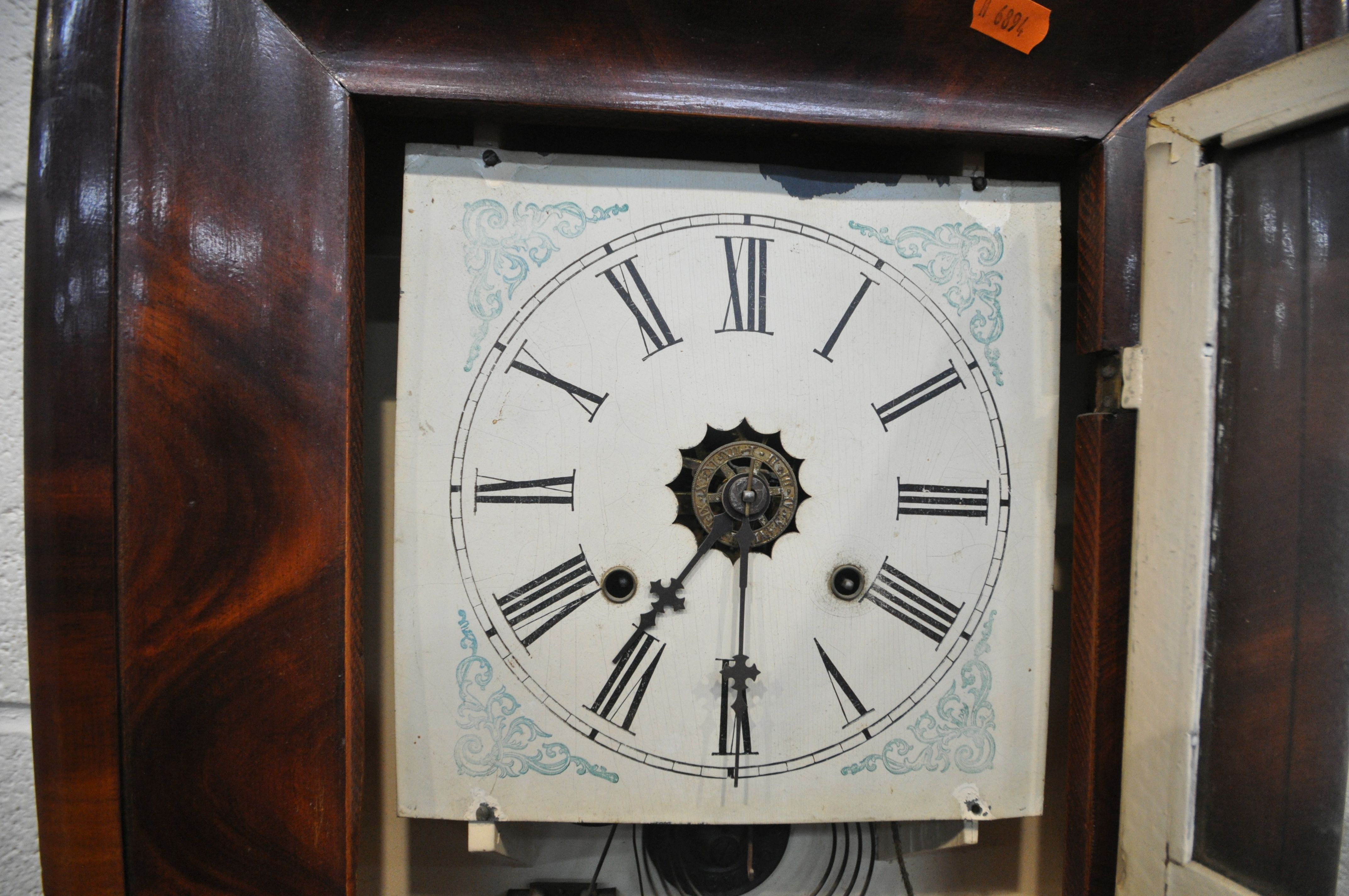 A VINTAGE FLAME MAHOGANY AMERICAN WALL CLOCK, height 66cm - Image 2 of 5