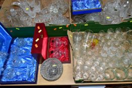 THREE BOXES OF CUT GLASS, PRESSED GLASS AND THREE BOXED SETS OF CUT CRYSTAL DRINKING GLASSES, to