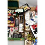 A BOX OF ASSORTED COSTUME JEWELLERY AND ITEMS, to include a 'Robertsons' mascot enamelled pin