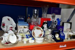 A COLLECTION OF CUT CRYSTAL AND CHINA TEA WARES, comprising a boxed Edinburgh Crystal perfume