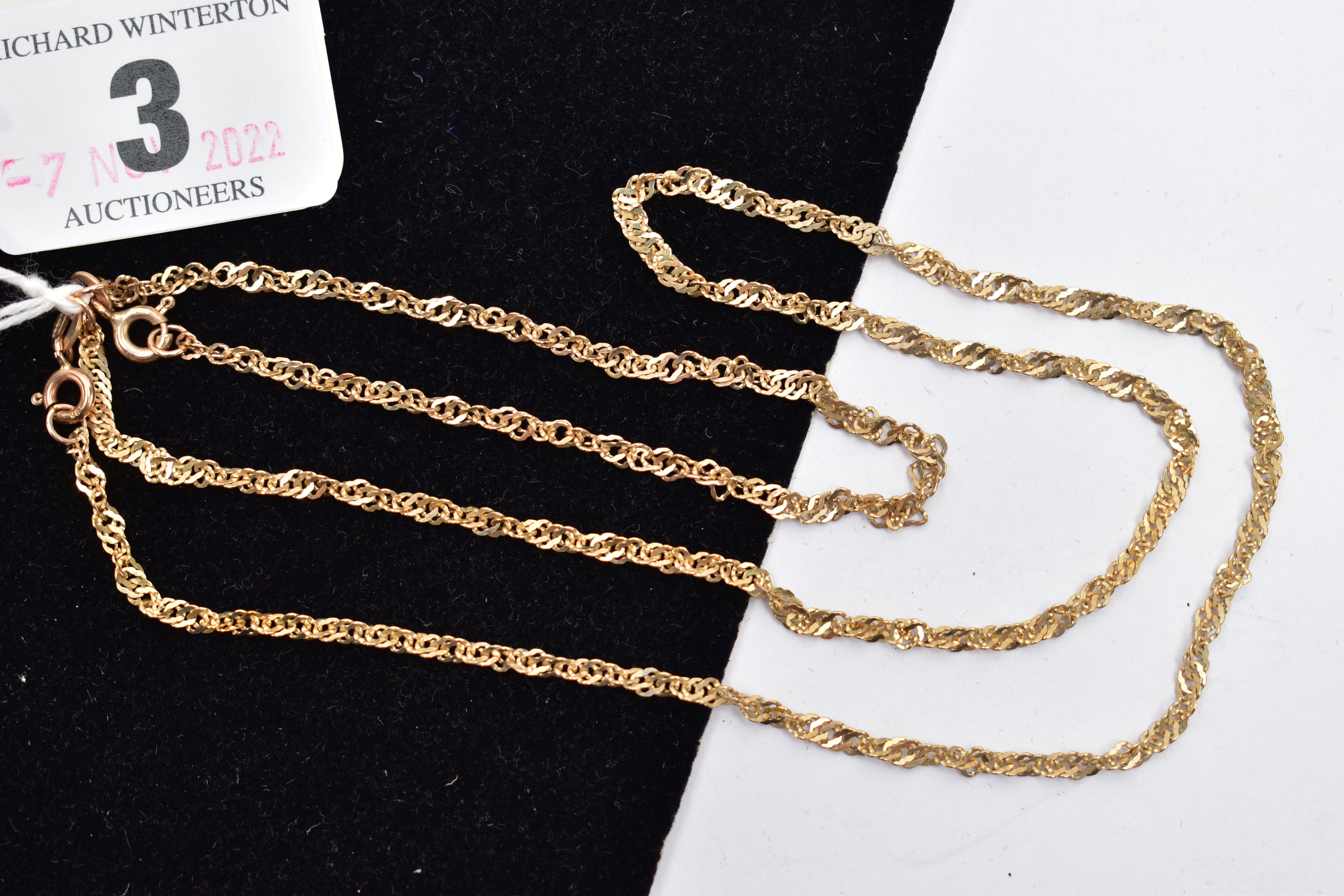 TWO 9CT GOLD SINGAPORE CHAINS, the first a yellow gold Singapore chain necklace, fitted with a