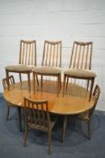 A G PLAN FRESCO CIRCULAR EXTENDING DINING TABLE and six chairs, extended length 168cm x diameter