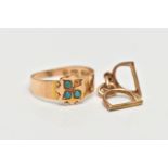 A LATE VICTORIAN 15CT GOLD RING AND A 9CT GOLD CHARM, the AF ring designed with a wavy square head