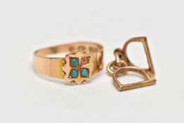 A LATE VICTORIAN 15CT GOLD RING AND A 9CT GOLD CHARM, the AF ring designed with a wavy square head