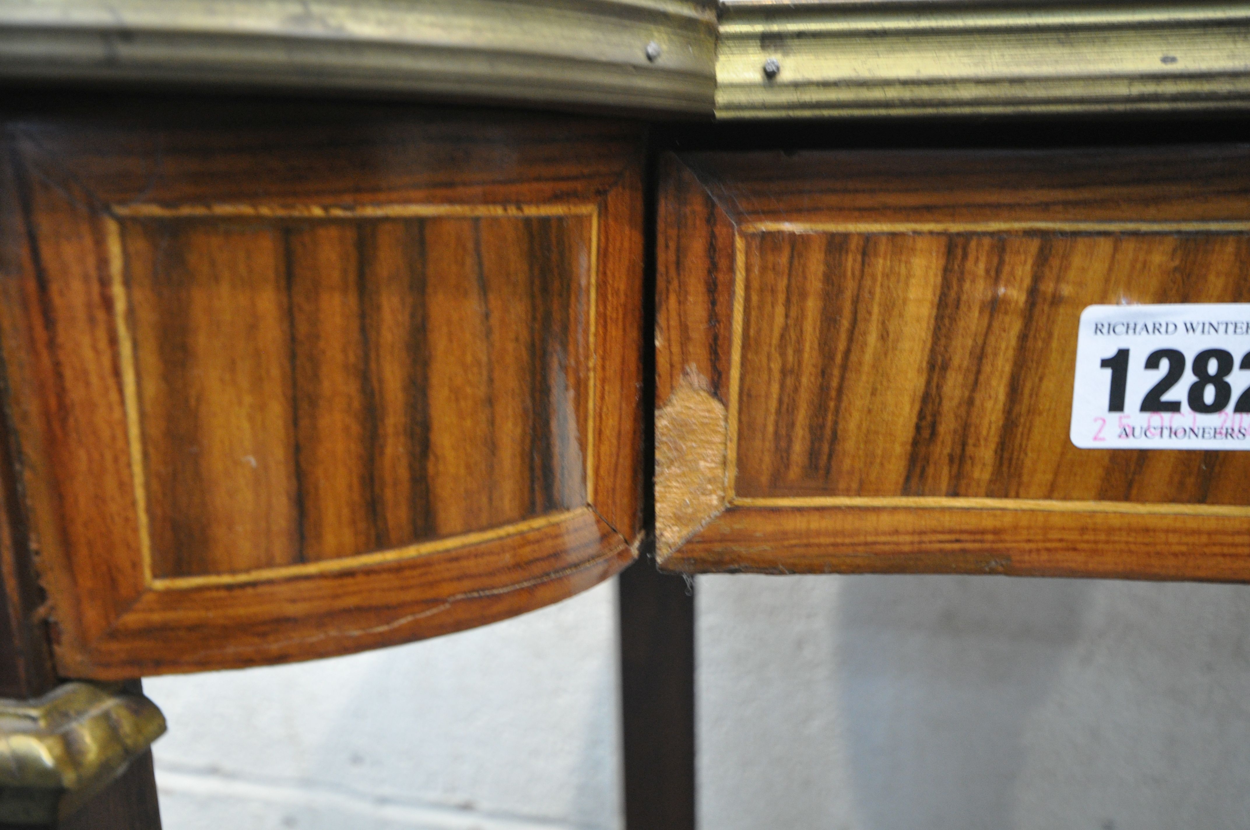 A 20TH CENTURY FRENCH WALNUT AND KINGWOOD KIDNEY SIDE TABLE, with a brass border and mounts, - Image 3 of 3