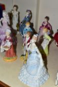 TWELVE UNBOXED CERAMIC FIGURINES AND FIGURES, comprising three Coalport Ladies of Fashion - Donna,