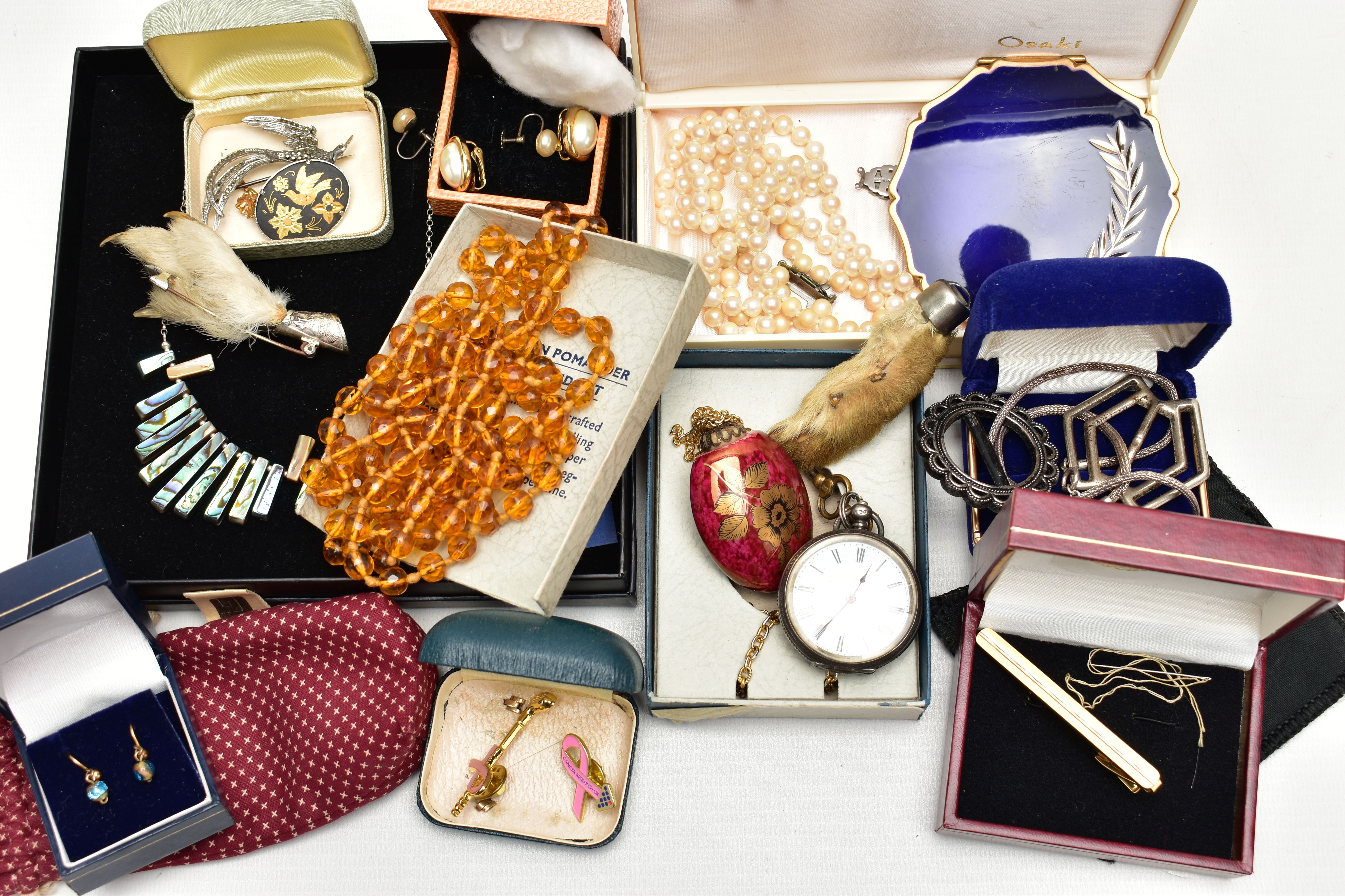 A BOX OF ASSORTED ITEMS, to include a pair of oval imitation pearl clip on earrings, signed to the