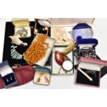 A BOX OF ASSORTED ITEMS, to include a pair of oval imitation pearl clip on earrings, signed to the