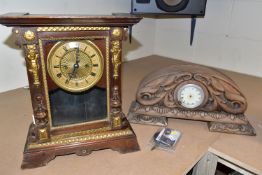 TWO MANTEL CLOCKS, comprising an Art Nouveau mantel clock, the solid wooden case of compressed