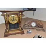 TWO MANTEL CLOCKS, comprising an Art Nouveau mantel clock, the solid wooden case of compressed