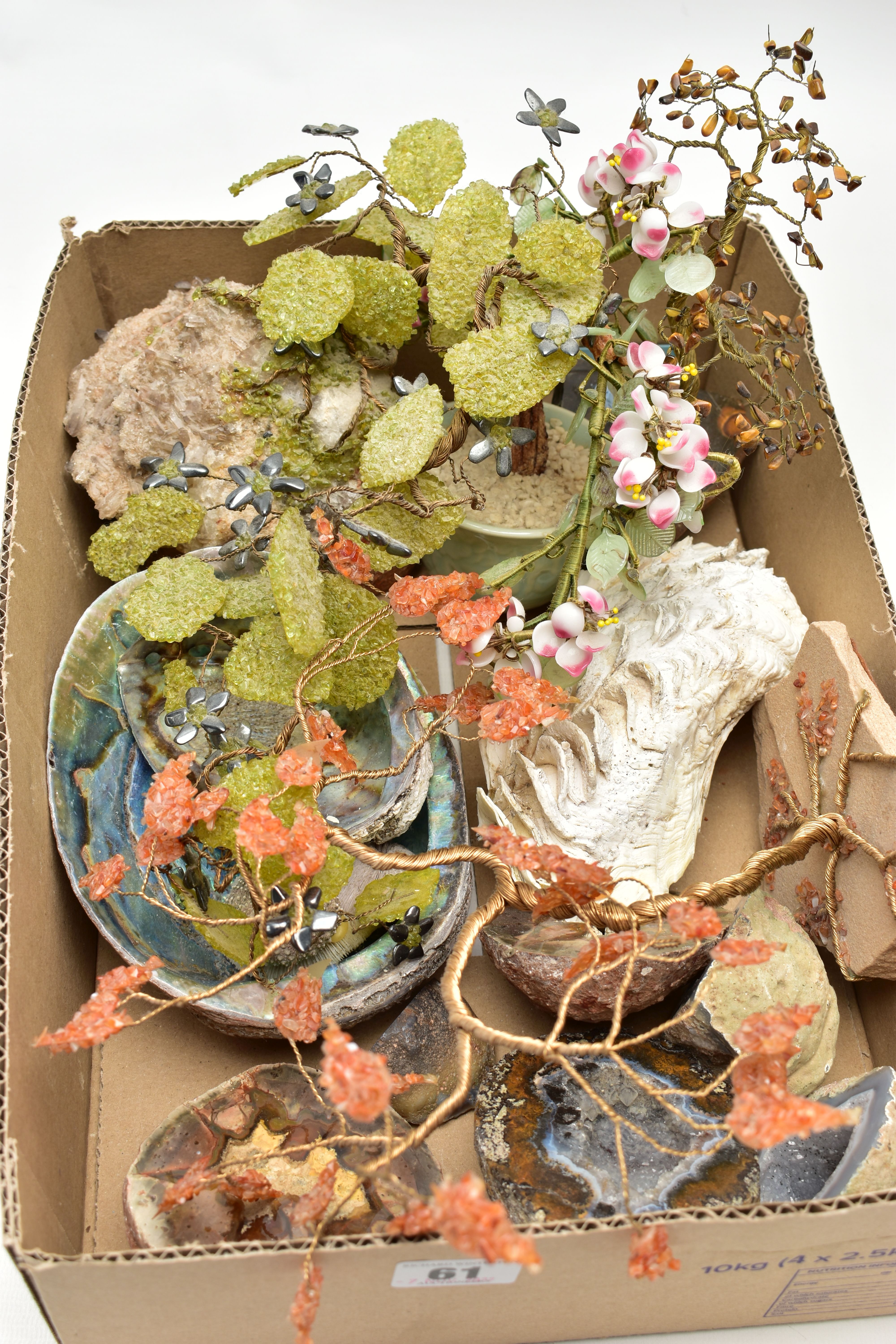 A BOX OF MINERAL SPECIEMENS, to include four semi-precious gemstone set tree ornaments fitted with - Image 2 of 4