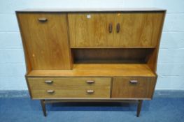 A MID CENTURY G PLAN TEAK HIGHBOARD, with an arrangement of cupboards and drawers, width 153cm x